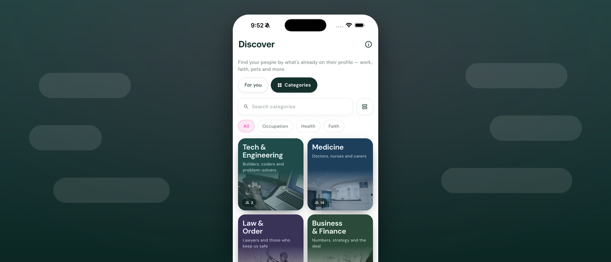 The Diamour app's Discover screen on the Categories tab, showing a For you / Categories toggle, a category search, filter chips, and themed category cards — Tech & Engineering, Medicine, Law & Order and Business & Finance — each with a member count